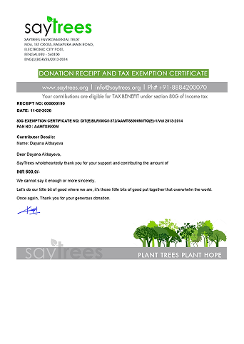 Donation receipt and tax exemption certificate from the tree-planting service