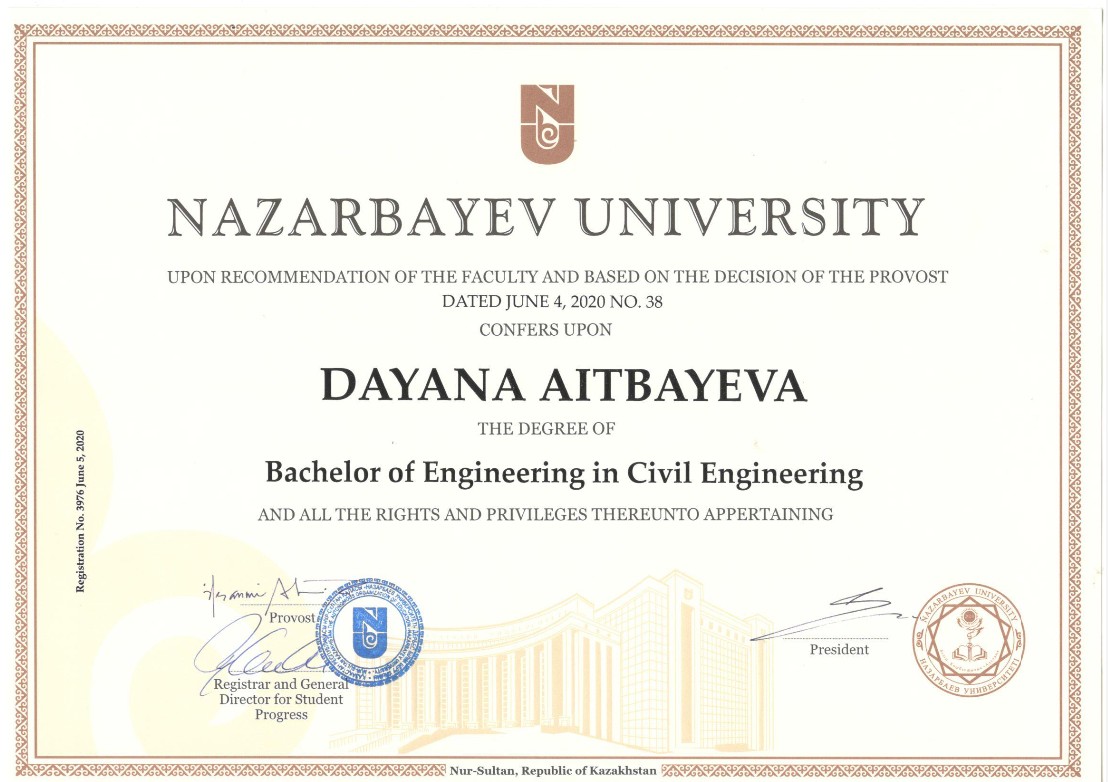 Nazarbayev University diploma – Dayana Aitbayeva