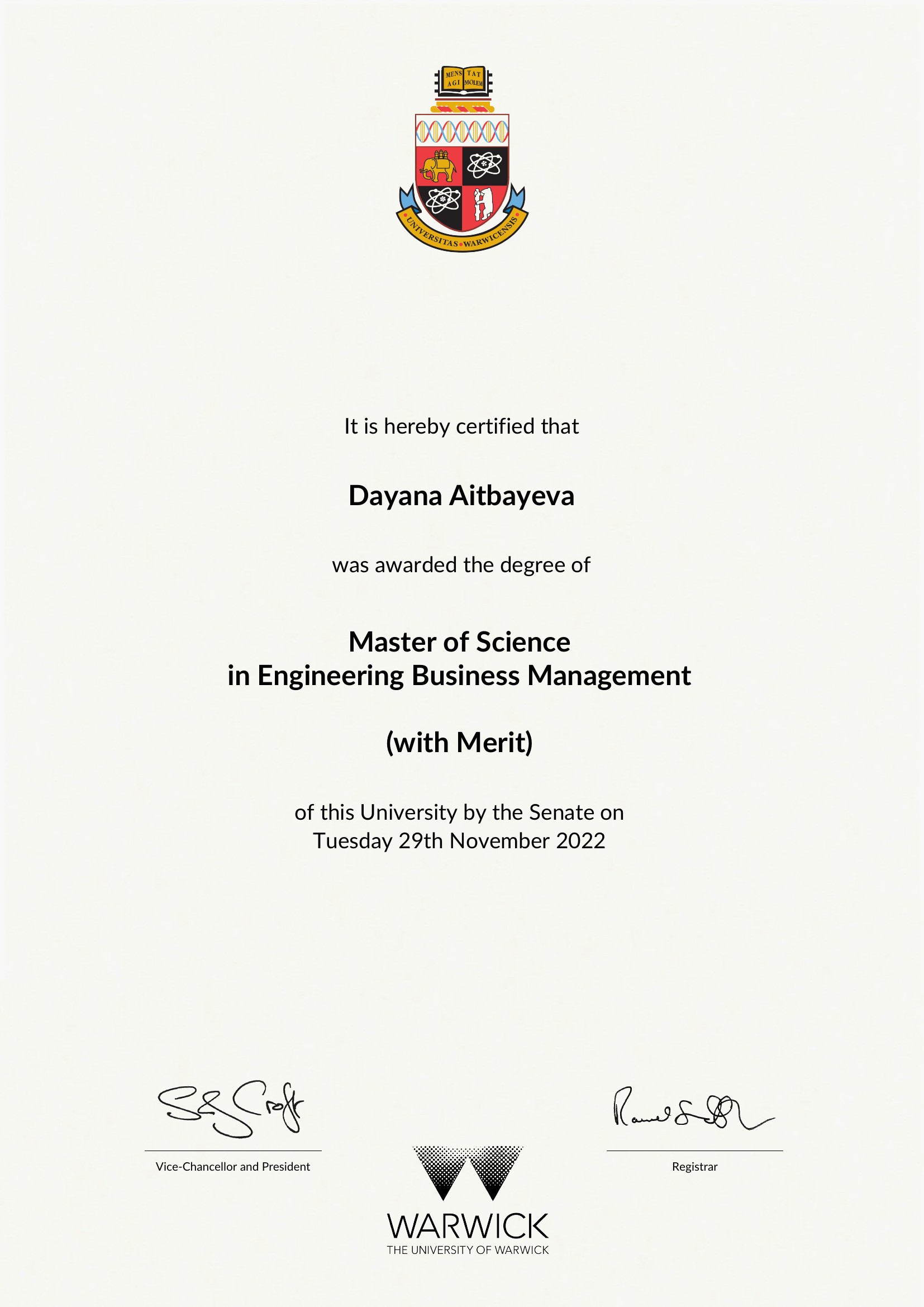 Warwick University diploma – Dayana Aitbayeva